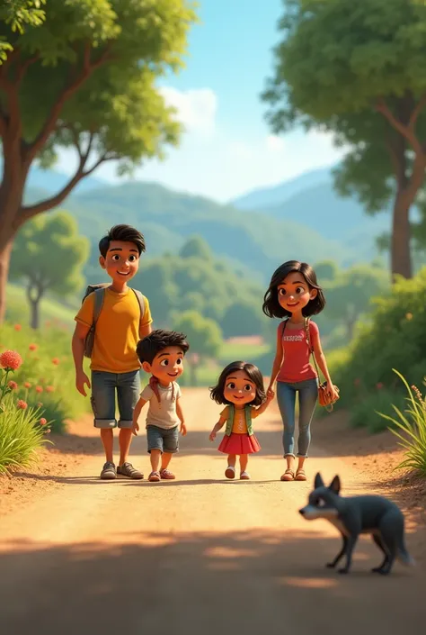 An  trigueña Latina girl with short hair walks her mom, dad and  brother down a road, meeting a gray fox, all in Disney 3d style.