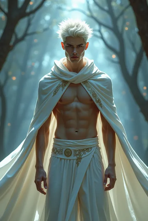 Young handsome hunky slender shirtless blonde white haired man with magic elada wearing a white cloak 