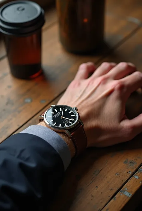 Mans hand with a watch on a wooden table