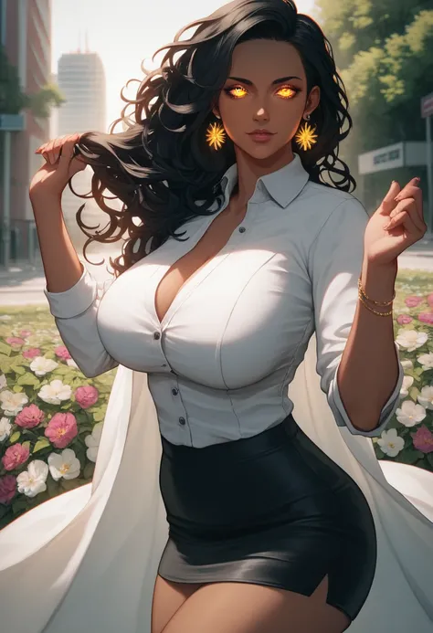  anime. better quality : 1.5,  High resolution, UHD, 4k,  Detailed lighting,  shaders ), black hair with flowers , ombre hair,  big breasts , white suit, gray shirt, white social shirt,  short black skirt ,  mature woman , (throw), fondo blanco,  colorful ...