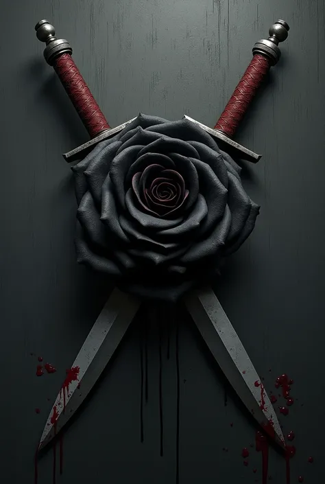  A dark or metallic background establishes a dark tone. in the center,  two crossed weapons symbolize conflict and loyalty . among them, a large black rose ,  with sharp edges and drops that look like blood ,  represents the duality of beauty and danger , ...