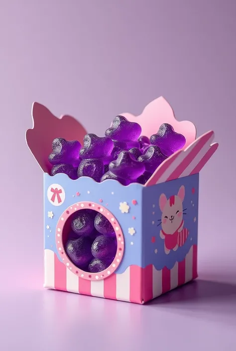 Create a confectionery-style box specifically for storing and selling gummies in the shape of little bears with bright purple colors