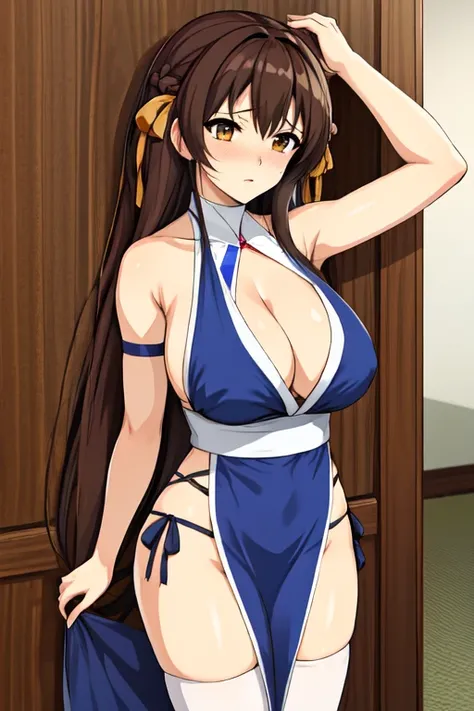 masterpiece, best quality, beautiful art, high resolution, well formed hands, body and fingers, 1 woman, solo, Haruhi Suzumiya, 31 years old, adult, grown up, large and big breasted, cleavage,  full body, braided long hair, blue_japanese_clothes, wearing D...