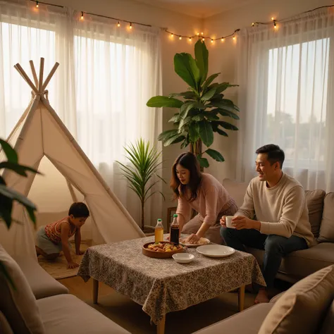 Photographed with: Wide Angle Shot

Subject: An Asian family of three is gathered in the cozy, warmly lit living room. The father, dressed casually in a light sweater and jeans, is seated on the sofa, smiling and holding a cup of tea. The mother, wearing a...