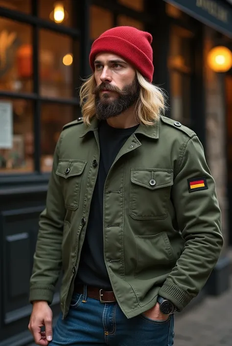 Male model long  little. Above the sholders blond hair behind the ears read beany on the head, thick long pointy mustache, big abd long thick beard like henry cavil in the ministry of ungentlemanly warfare tall slim fit army jackt green with tiny german fl...