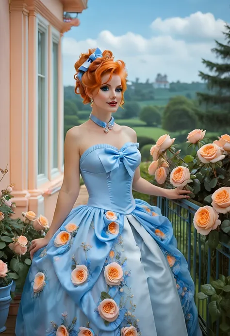 an anthropomorphic doe-like character with bright orange hair in an elegant updo adorned with pastel roses and a bow. She has large blue eyes, glossy pink lips, and a confident pose, wearing a strapless icy blue gown with a draped white skirt. A blue penda...