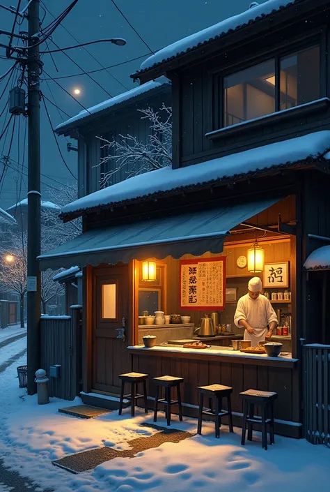 A Japanese ramen shop in the 1990s, on a quiet winter night. The small shop features traditional wooden interiors, with a noren curtain hanging at the entrance. Warm golden light spills out from lanterns, standing out against the cold, dark night. Outside,...