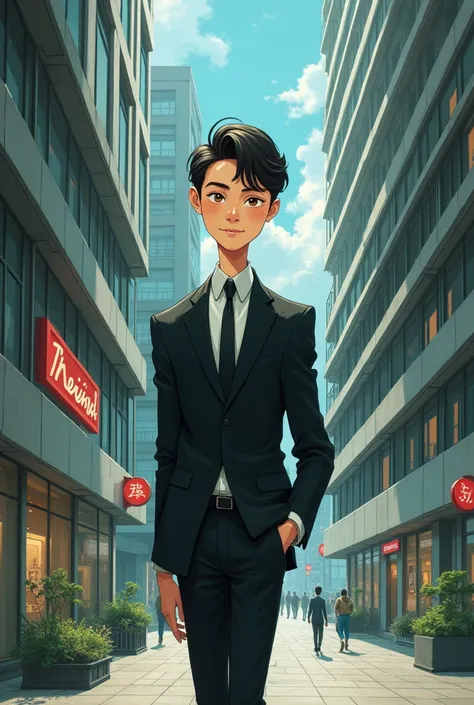 A caricature of a financially stable, aged 25, skinny dude,  wearing an all black formal attire, in a modern world. In studio Ghibli style