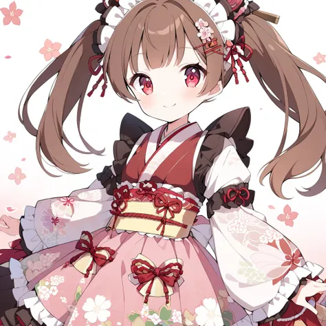  1 girl,  twin tails, Brown Hair, Red eyes,  smiles, Flower Eyes,  Lolita Style Headdress , Hairpin, ribbon, Kimono Maid 　Japanese style