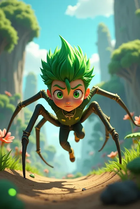 Animate a boy with green hair and green eyes colonizing like Spiderman 