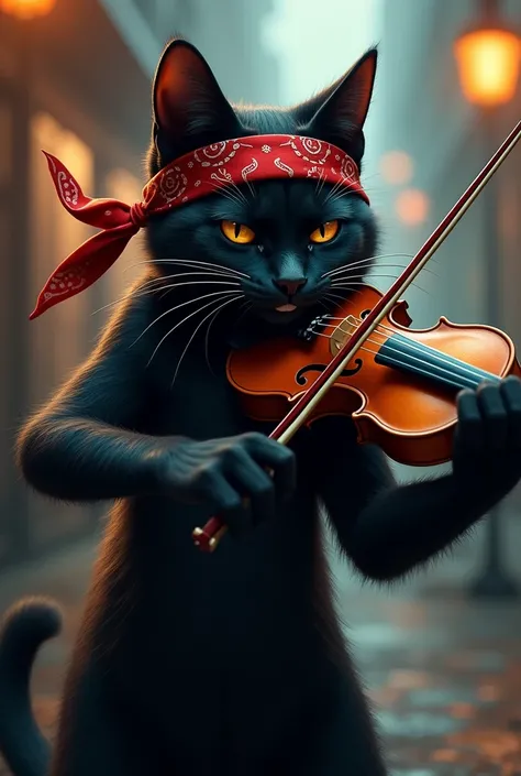 Black cat wearing bandana on his head gangster playing violin