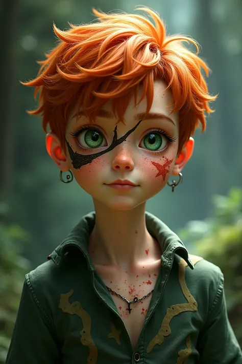 Redheaded boy, eye scar shirt,abundant freckles ,Arcane , green eyes