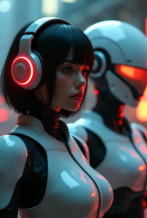  a woman with headphones next to a robot, cyberpunk art by Jason A . English, CGSociety, retrofuturismo, Ilya Kuvshinov, sci-fi,  futuristic , vibrant, photorealistic, realistic, dramatic,  Cinematic lighting , sharp focus, 8k