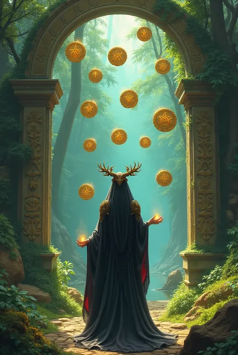 The Witch and ten coins with magic gate and in nature