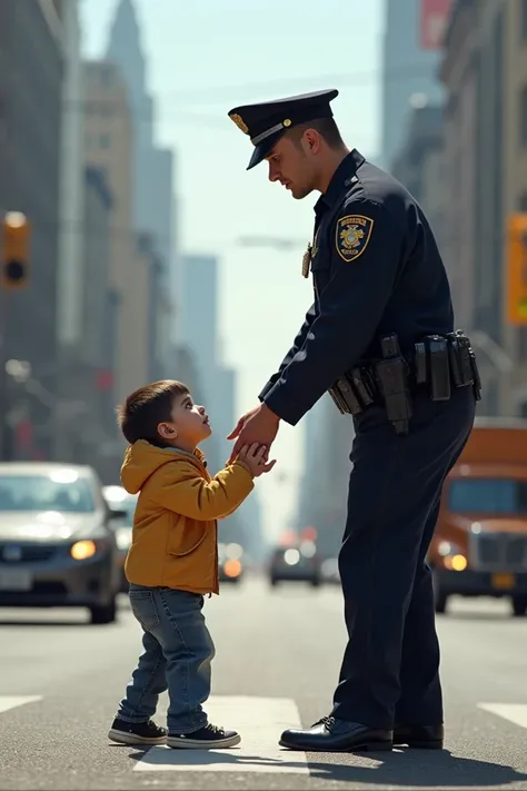 Scared boy to cross the road and then a policeman helps him cross the road 