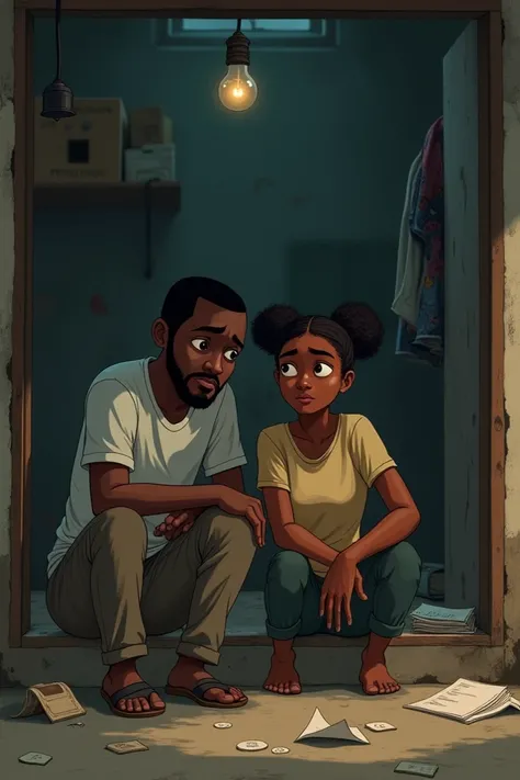 Animation of a sad Nigerian couple whose business had crumbled