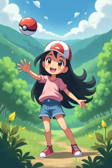  I create a Pokémon-style image of a girl (  black cabello,  brown eyes, sonrisa grande,  big eyes)  throwing a Pokébola saying  "Alan I choose you " 