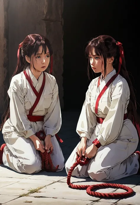 The anime has a two-dimensional style with strong colors ，The picture shows two twin women kneeling on the ground, being harshly interrogated by a red rope, with a slightly fearful expression。