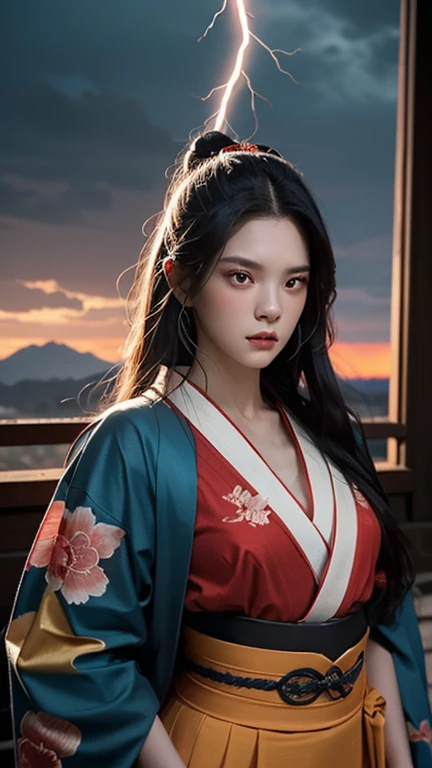 A fierce and confident woman with a glowing katana, dressed in a traditional red and black kimono with floral patterns. Her face and body are adorned with intricate dragon tattoos, and her piercing red eyes radiate intensity. The katana emits vibrant blue ...