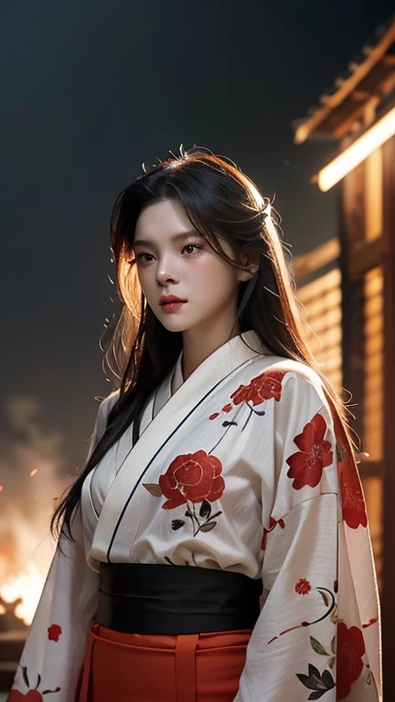 A fierce and confident woman with a glowing katana, dressed in a traditional red and black kimono with floral patterns. Her face and body are adorned with intricate dragon tattoos, and her piercing red eyes radiate intensity. The katana emits vibrant blue ...