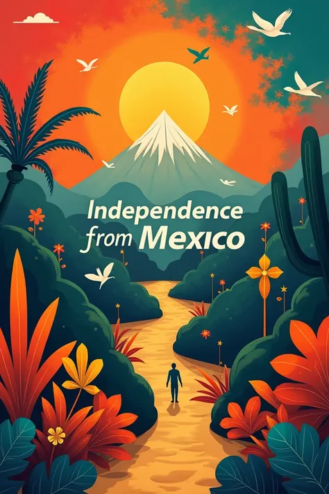 Create an image for a horizontal mural , colorful,  with gold details about independence ,  minimalist that has the words independence from Mexico and elements characteristic of this historic event and of Mexico.