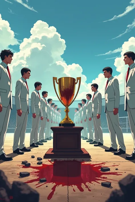 In the anime, 8 men and 2 women in white suits are walking in groups to pick up the championship cup, laying in front of them with remains and blood stains.