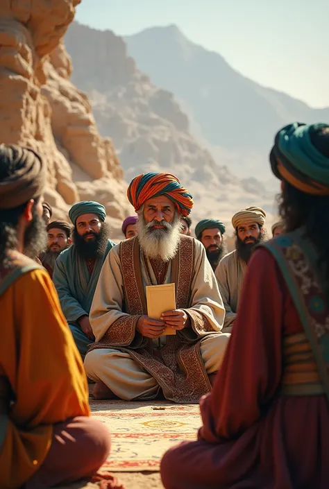 Make a group of people on the tarim who are listening to a man in a turban who is reading a verse 