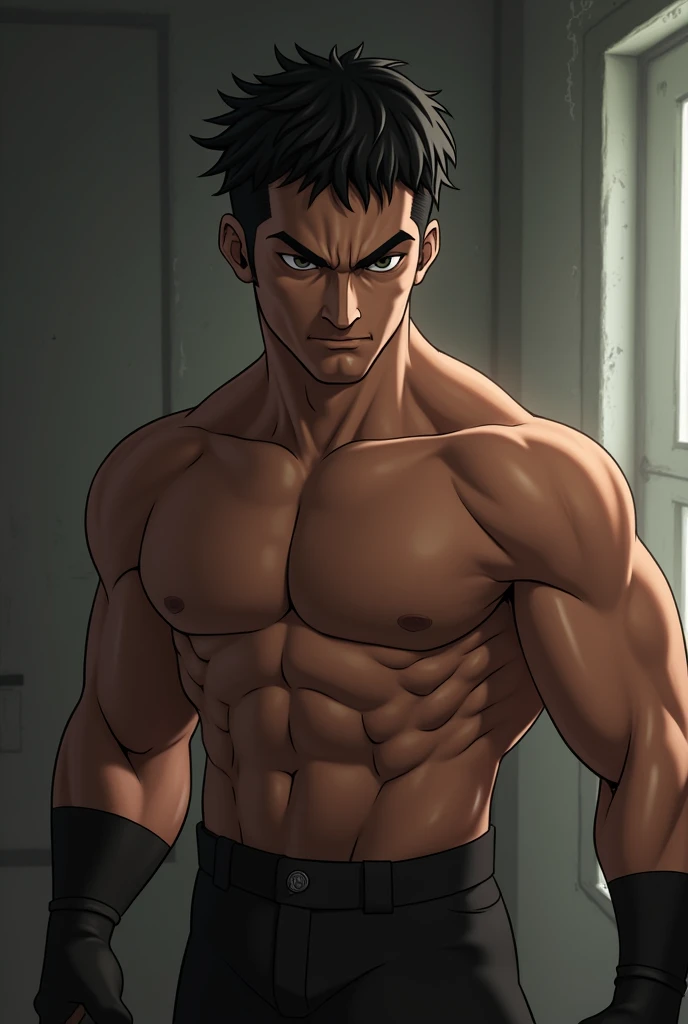 Create a tall guy short hair dark eyes serious black hair, Animated physique 