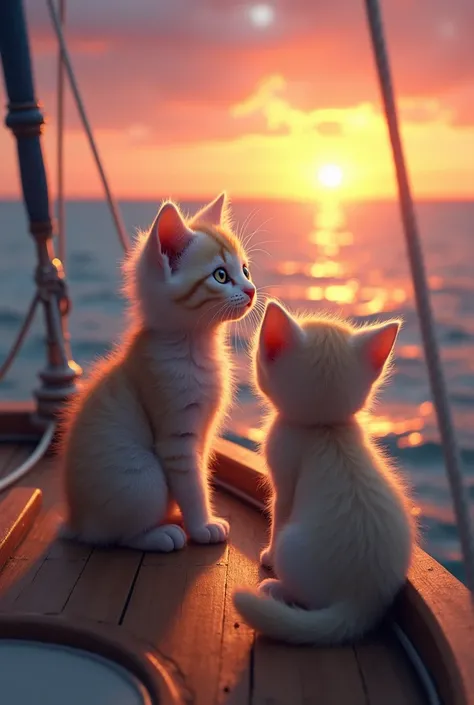 Realistic kittens are on a boat and watching the ocean at sunset