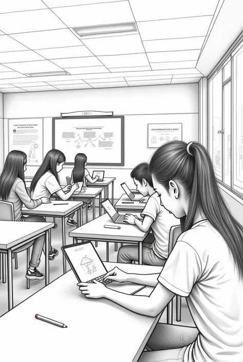 Pencil drawing of a modern classroom with desks organized in rows.  On each desk there is a concentrated student using a tablet ,  with their hands on the screen .  Most students have an attentive posture , looking at their devices ,  while others take not...