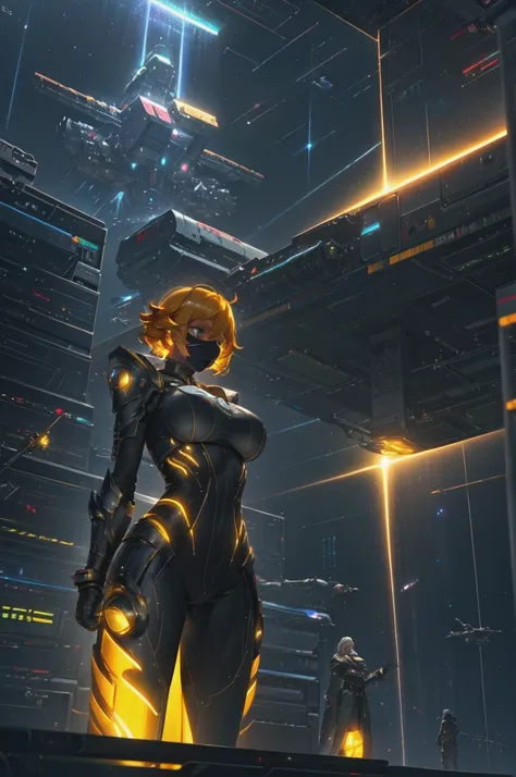 masterpiece,best quality,1girl,citrine,bodysuit,armor,face covered,energy glowing,large breasts,wide hips,standing,(bent over:1.2),arms behind back,spacecraft interior,science fiction,cowboy shot,dutch angle,