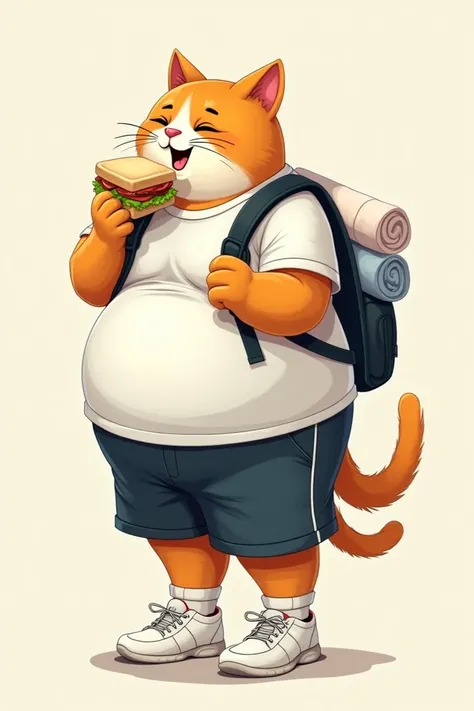 A tall, slightly fat cat in gym clothes, white sneakers and his sports backpack and towels hanging over his shoulder eating a sandwich. 