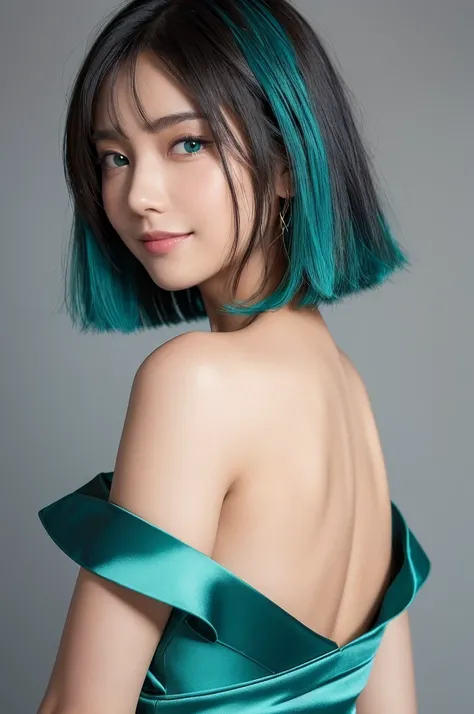 ((( best quality, 8k, masterpiece: 1.3)), concentrated: 1.2,  Perfect Body Beauty : 1.4, (( layered haircut , small breasts : 1.2)), (looking back at viewer:1.3), (turquoise blue satin simple dress:1.3) ,valley, Is a Smiley Smile , Highly Detailed Face and...