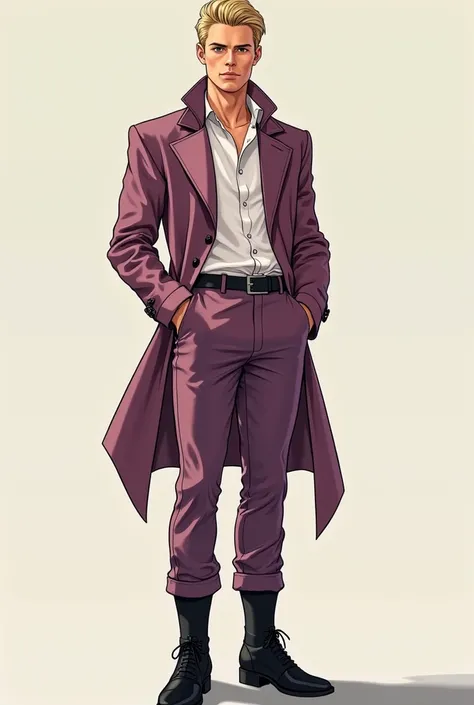 Illustration of  Muscular hunk 18 year old blond caucasian Vaughn Harris aka Awesome boy wearing asymmetrical retro futuristic French mauve jacket, pants and black boots    art in the style of Alex Ross