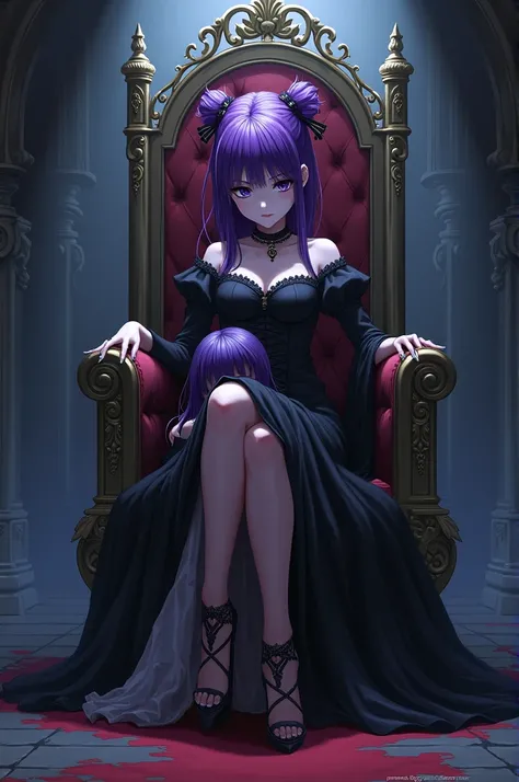 An anime girl sitting on a throne with a serious face, purple hair and a gothic black dress and another girl kneeling in a torn dress kissing the feet of the one sitting