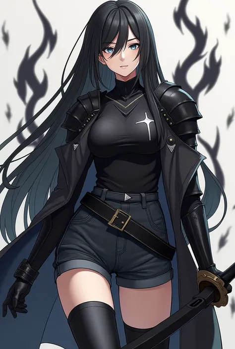 Woman with long black hair , grayish blue eyes, fringe, slightly muscular, wearing black denim shorts, black boot, t-shirt, black overcoat, gloves on hands,  with a black sword in his hand, black armor, ornament symbol drawn on the forehead, and black flam...