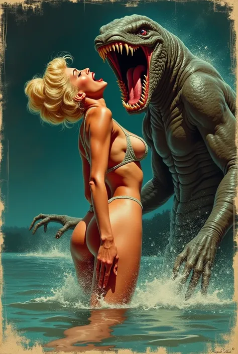 Retro 1950s sci-fi poster, featuring a voluptuous woman with blonde updo hair, wearing NSFW rockbillie attire. She is being abducted by the lake monster. The scene has dramatic lighting that highlights both the womans horrified expression and the slimy, sh...