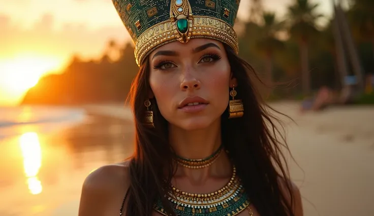 hyper realistic, ultra detailed photograph of an woman with in futuristic headwear inspired by an ancient Egypt queen, Cleopatra headwear, Egyptian Queen in sexy cut out dress in black and gold, snake, gold, silver, stones, scarab beetle, microchips, integ...