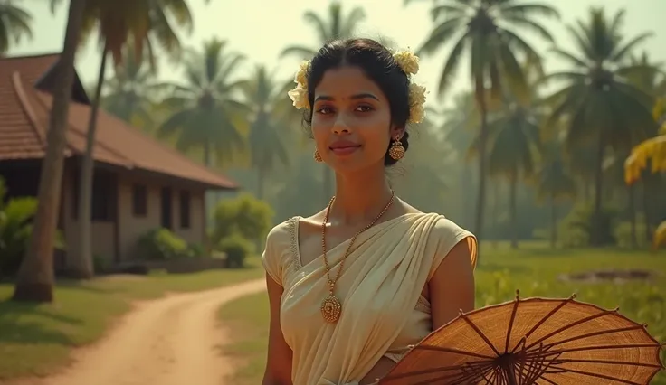 A wide angle shot of simple yet stunningly beautiful young Kerala lady, styled in the timeless elegance of the 1960s. She has fair, radiant skin, expressive almond-shaped eyes accentuated with a touch of kajal, and a soft, serene smile. Her jet-black hair ...