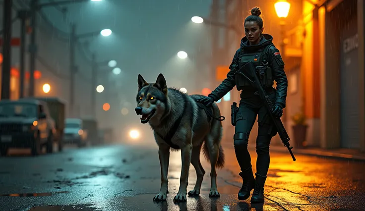 In a rain-soaked, dimly lit urban battlefield, a Czechoslovakian Wolfdog stands ready for combat, its powerful frame coiled with primal energy. Its silver-gray fur glistens with moisture under the eerie glow of flickering streetlights, and its piercing amb...