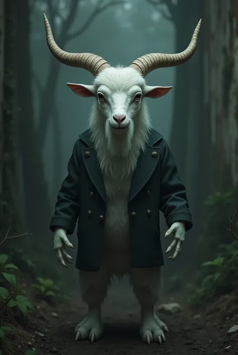 Creepy white goat in a smoking suit 