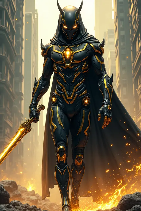 alien superhero sorcerer in a futuristic black and gold suit with futuristic weapons and superpowers (( comic book style ))