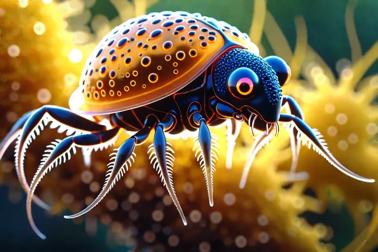 a microscopic creature, detailed, top view, hires, protozoa, acaro (masterpiece), (realistic), 8k, RAW photo, very wide shot, octane render, unreal engine, volumetrics dtx, (film grain, bokeh, blurry foreground)