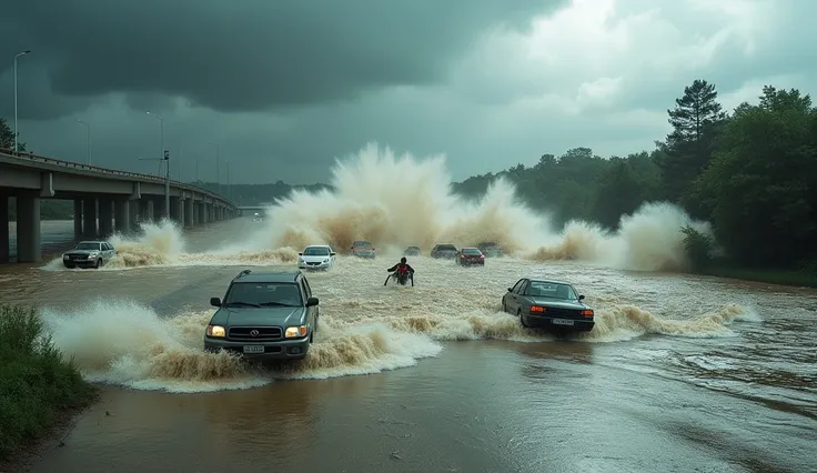 A dramatic scene of a flooded highway with cars and people caught in rushing water. A massive wave crashes onto the road, engulfing vehicles and creating chaos. The water is muddy and turbulent, with dark stormy skies in the background. Some people are att...