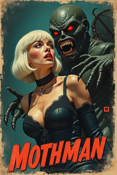 Retro 1950s sci-fi poster, featuring a voluptuous woman with bob-style white hair, wearing NSFW gothic attire. She is being possessed by the Mothman. The scene has dramatic lighting that highlights both the womans horrified expression and the slimy, shiny ...