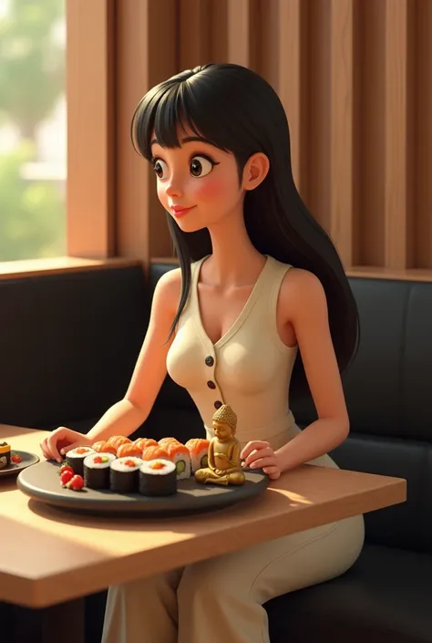 Woman 30 years, long straight black hair, wearing creme short sleeveless buttoned vest and creme long loose trousers with white sneakers. At Sushi restaurant with wood slat paneling in walls, black rectangular tables, sitting on black leather upholstered b...