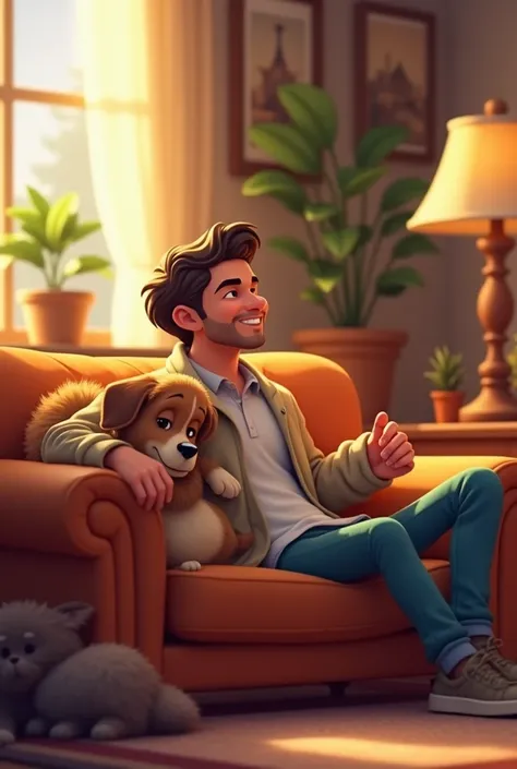 Man sitting and a dog laying in the sofa in the living room make animated