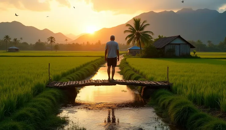 A rice field in rural Thailand, with a stream flowing through it, a small wooden bridge, in the middle of the stream, a 40-year-old man is standing on the bridge, with mountains in the background, coconut trees and a farmers house, evening atmosphere, the ...