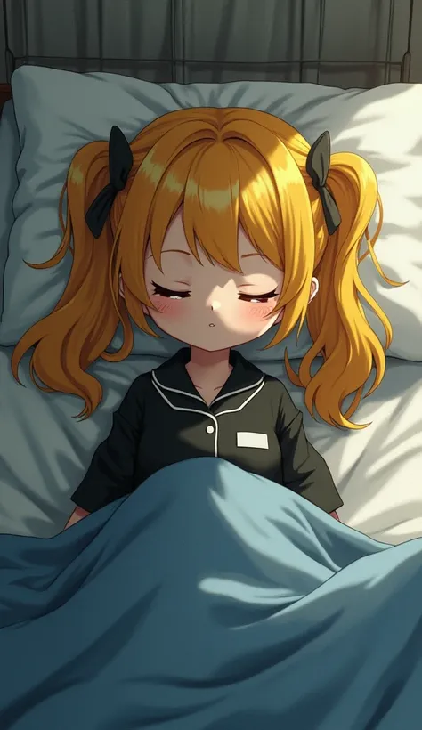  1 girl,  Grown Ups, twin tails,Dark yellow hair, hospital bed ,Baggy clothes, costume pajamas , high definition , masterpiece, accurate,  Very detailed,  textured skin, reality, closed eyes, fluffy pajamas,Black pajamas,sleep