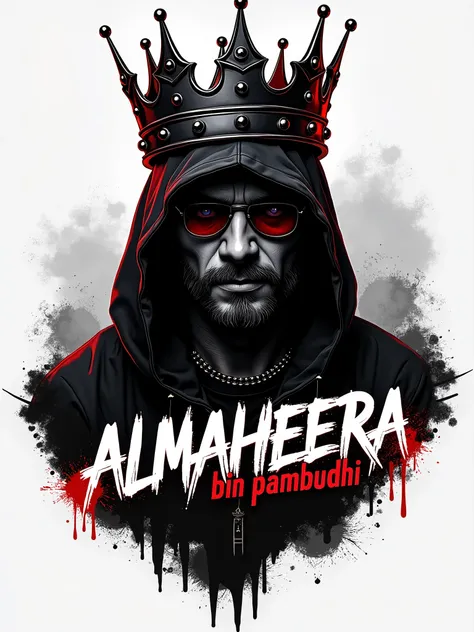 ((masterpiece)) Edgy ((streetwear logo)) of Almaheera Bin Pambudhi, jagged crown above the text, monochromatic with bold accents, 8K